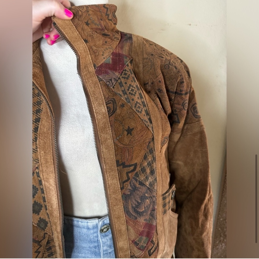 Brown Patterned Bomber Jacket - image 7